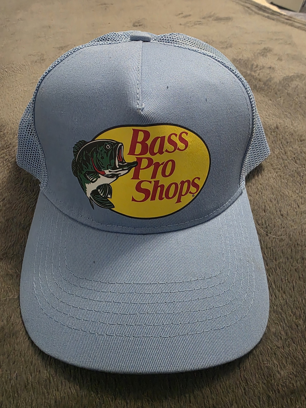 Bass Pro Shops Light Blue Mesh-Back Trucker Hat with Yellow Logo Patch